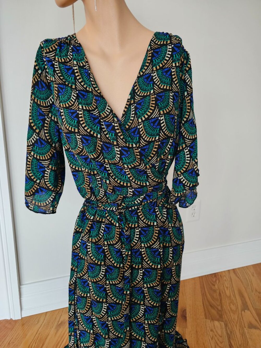Silk and Salt peacock midi wrap dress